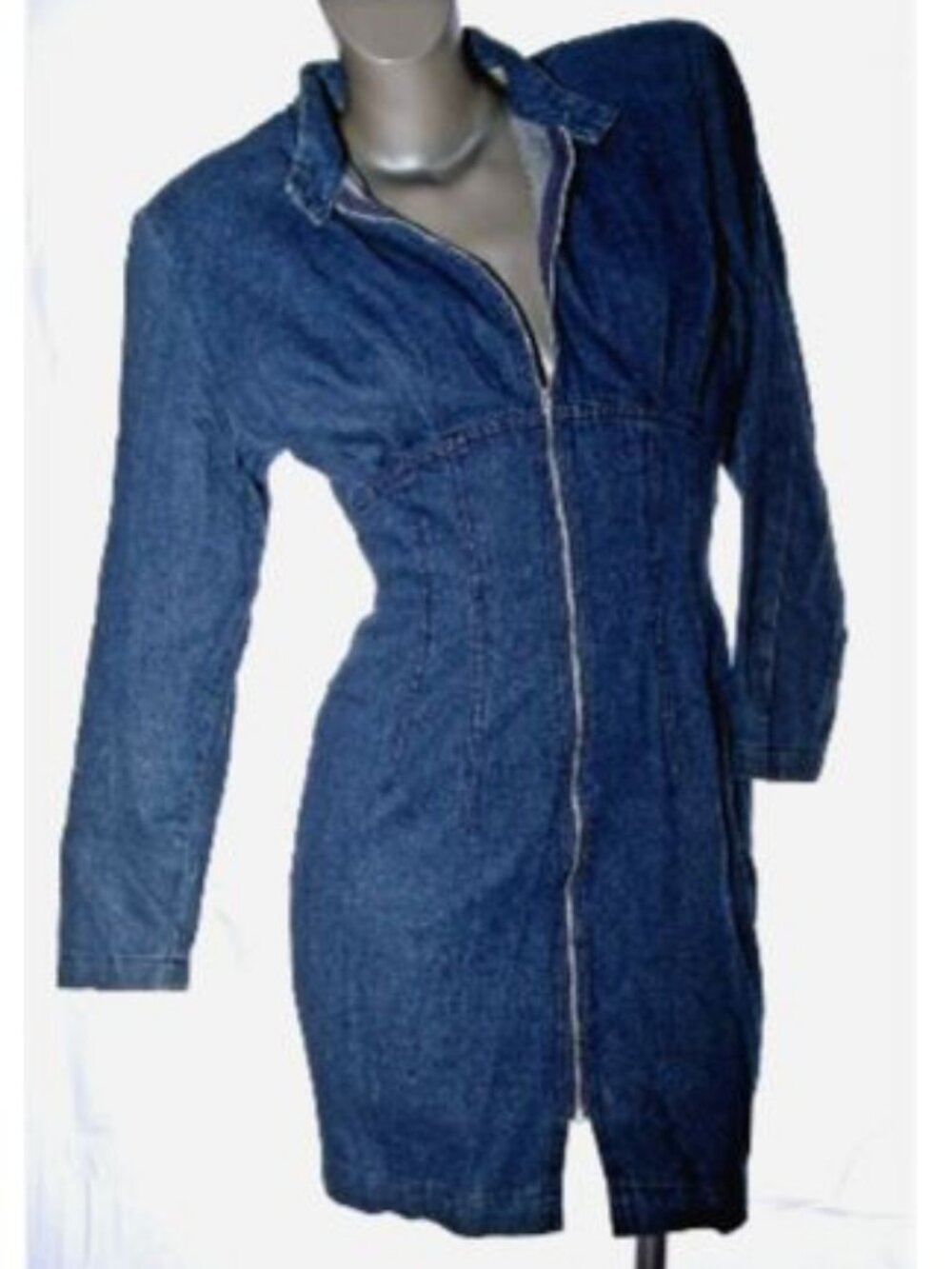 Vintage Denim Full Zipper Dress Bodycon Pencil Jean 80s Glam Rock Party Women 7